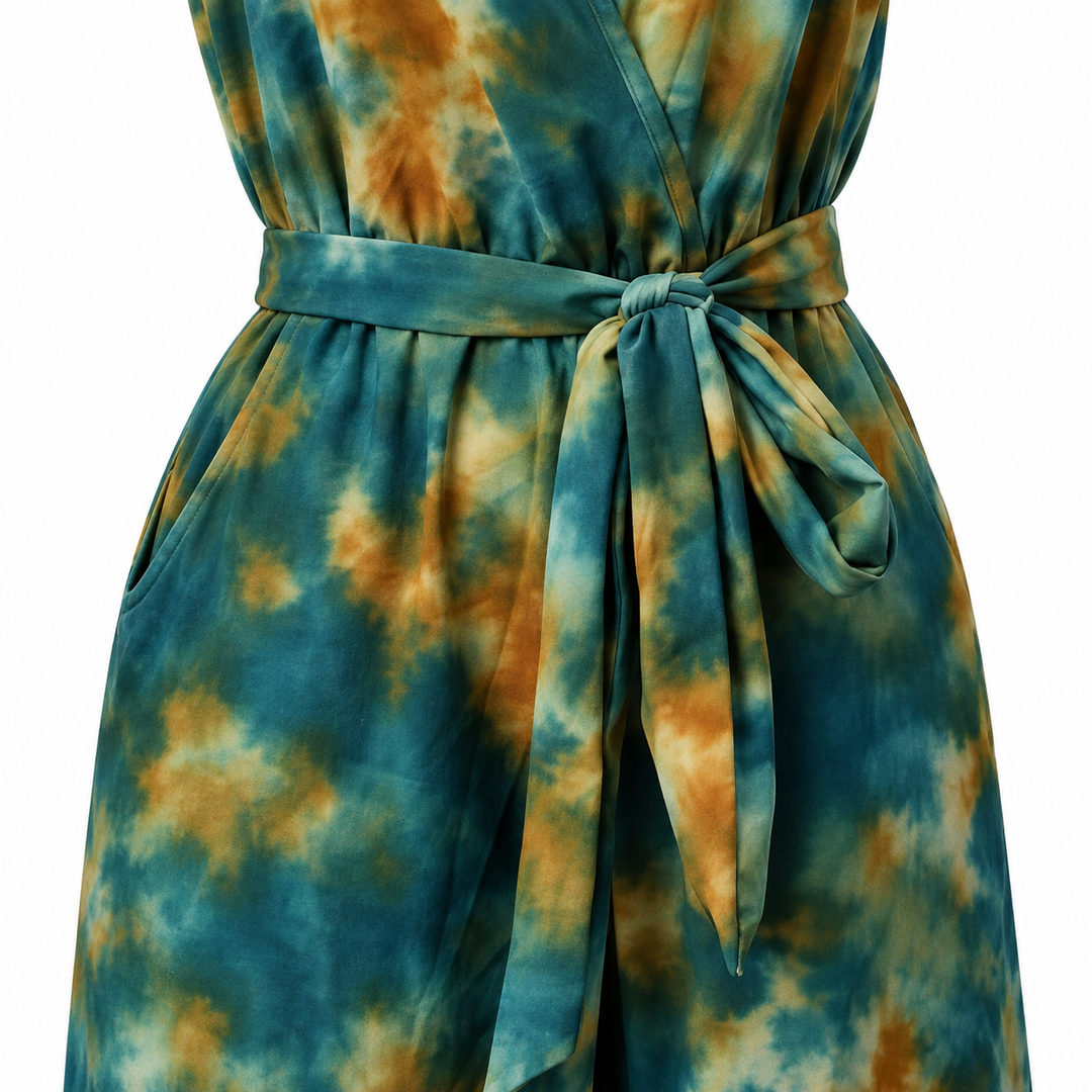 Close-up of the matching waist sash, tied bow and pocket on the green jumpsuit