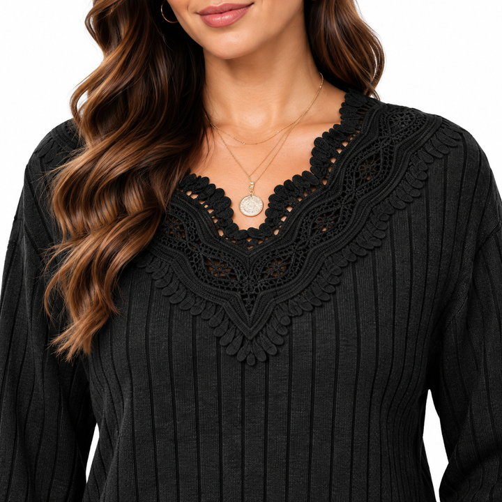 Close-up of black sweater lace neckline and ribbed texture