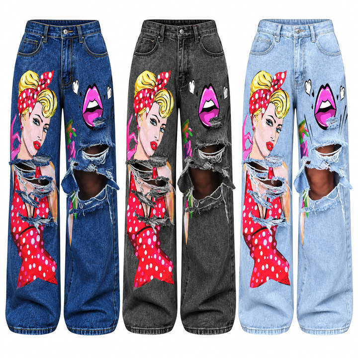 Verified color variants of distressed art print wide leg jeans in Dark Blue, Black Gray and Light Blue.