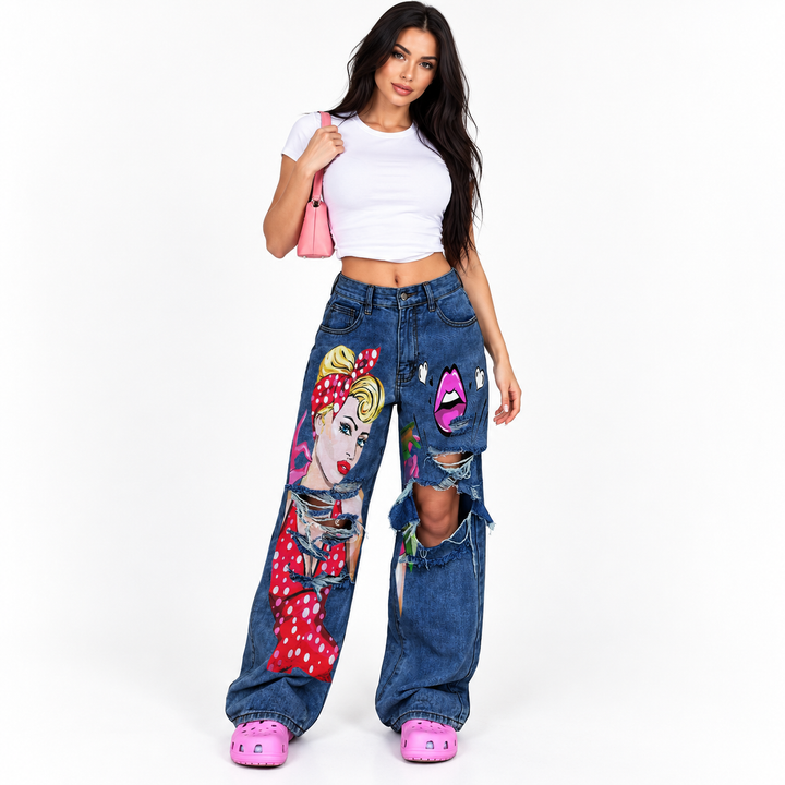 Plus size wide leg jeans in dark blue with distressed art print, pockets, belt loops and washed denim finish.