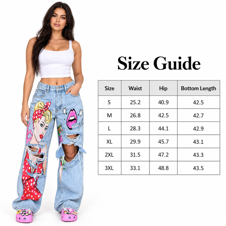 Size guide for distressed art print wide leg jeans showing verified sizes S to 3XL with waist, hip and bottom length data.