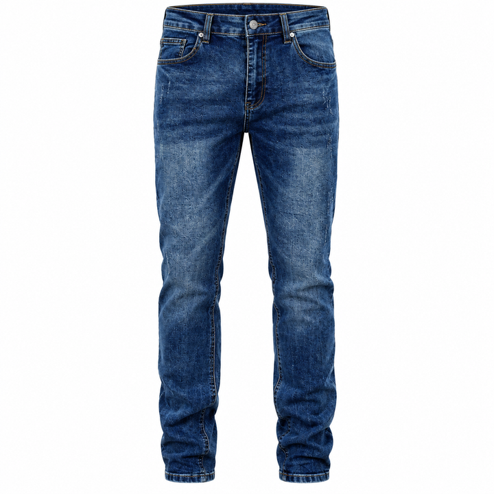 Blue denim jeans isolated against white showing the full front, waist and legs