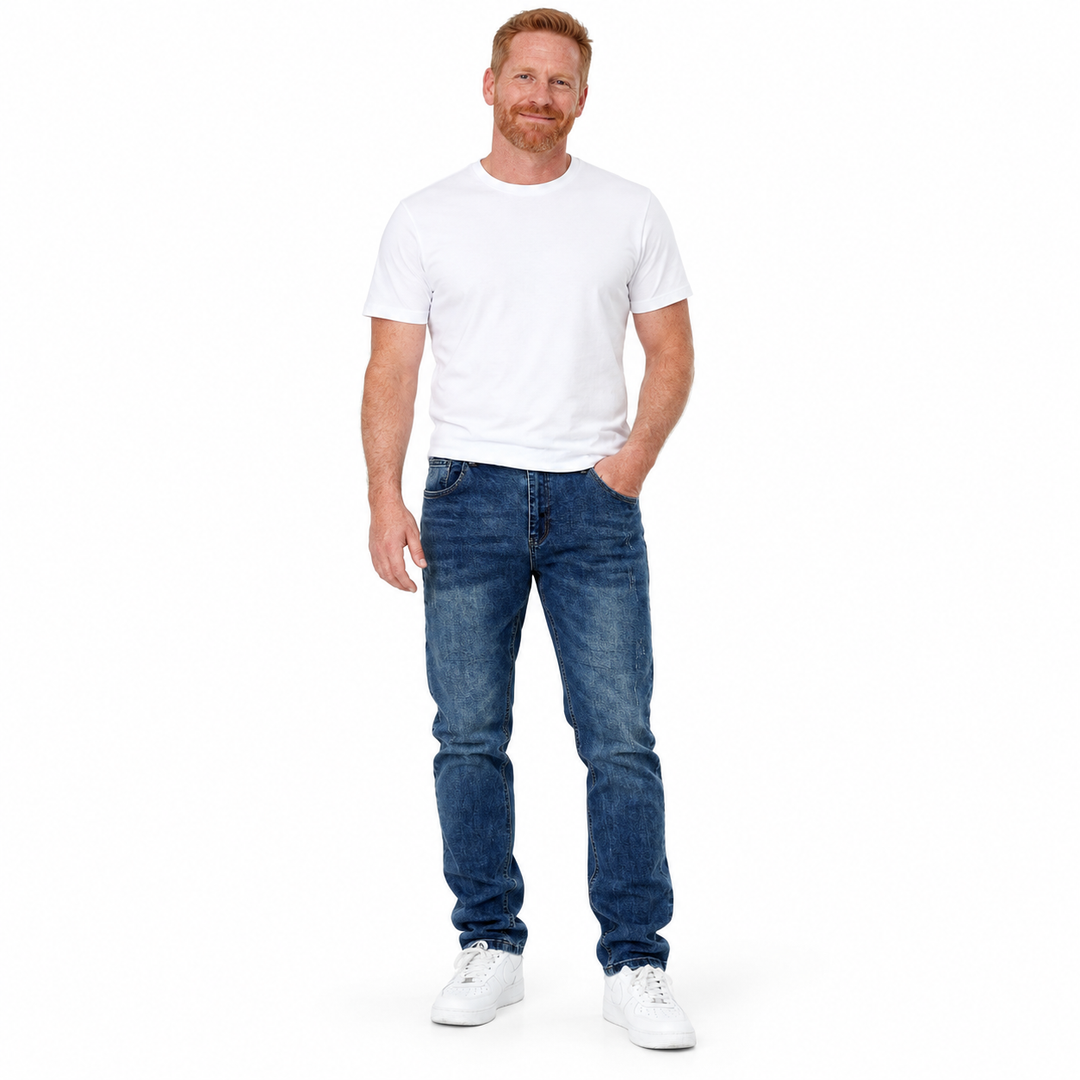 Blue jeans worn by a second male model on a white studio background