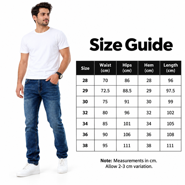 Size guide for blue jeans showing waist, hips, hem and length in centimetres