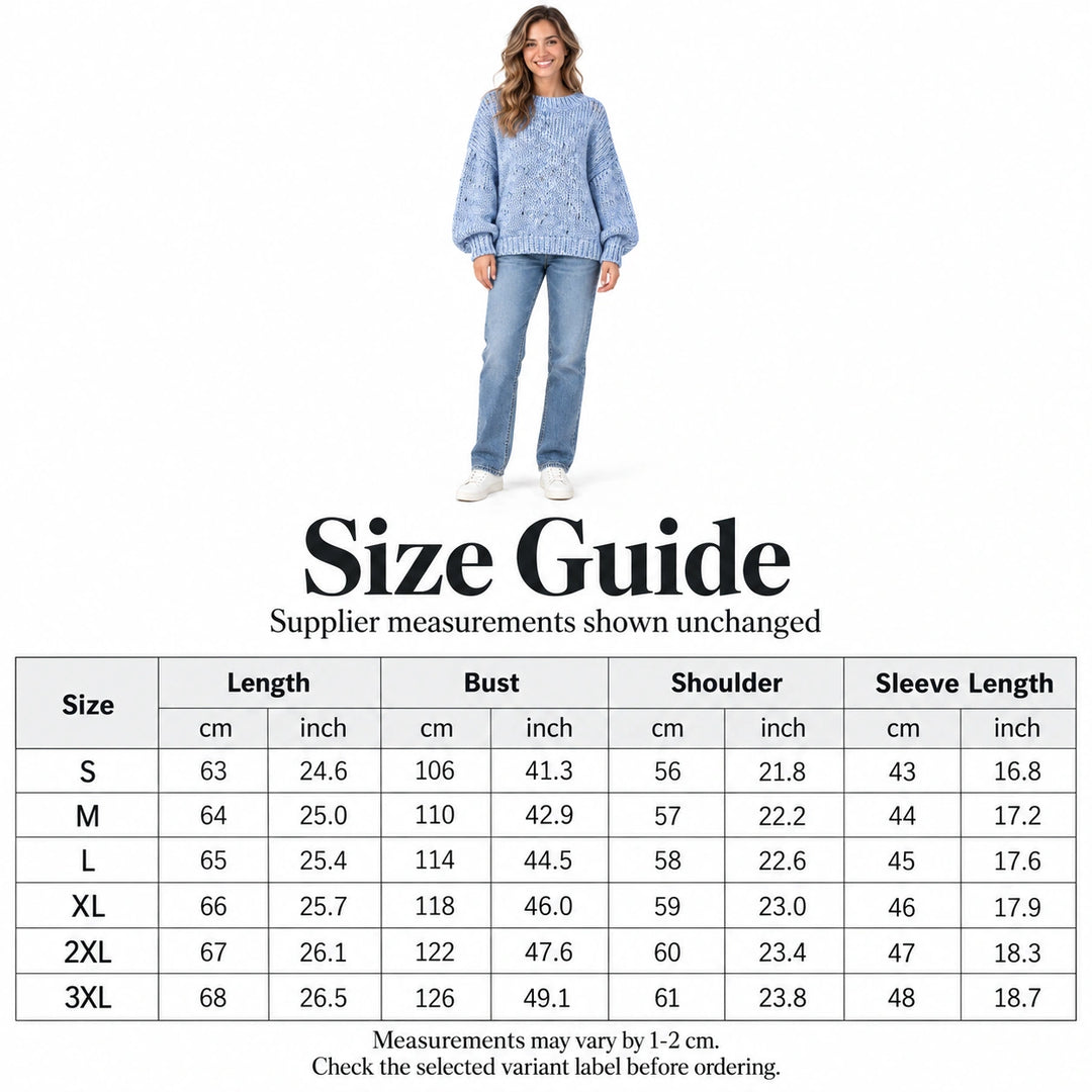 Size chart with Powder Blue sweater model and S to 3XL measurements for length, bust, shoulders and sleeves in cm and inches.