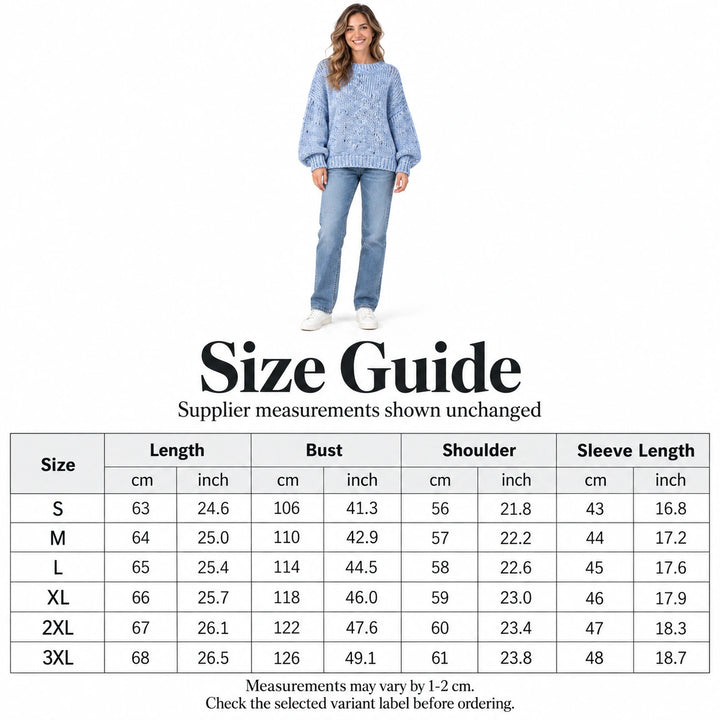 Size chart with Powder Blue sweater model and S to 3XL measurements for length, bust, shoulders and sleeves in cm and inches.
