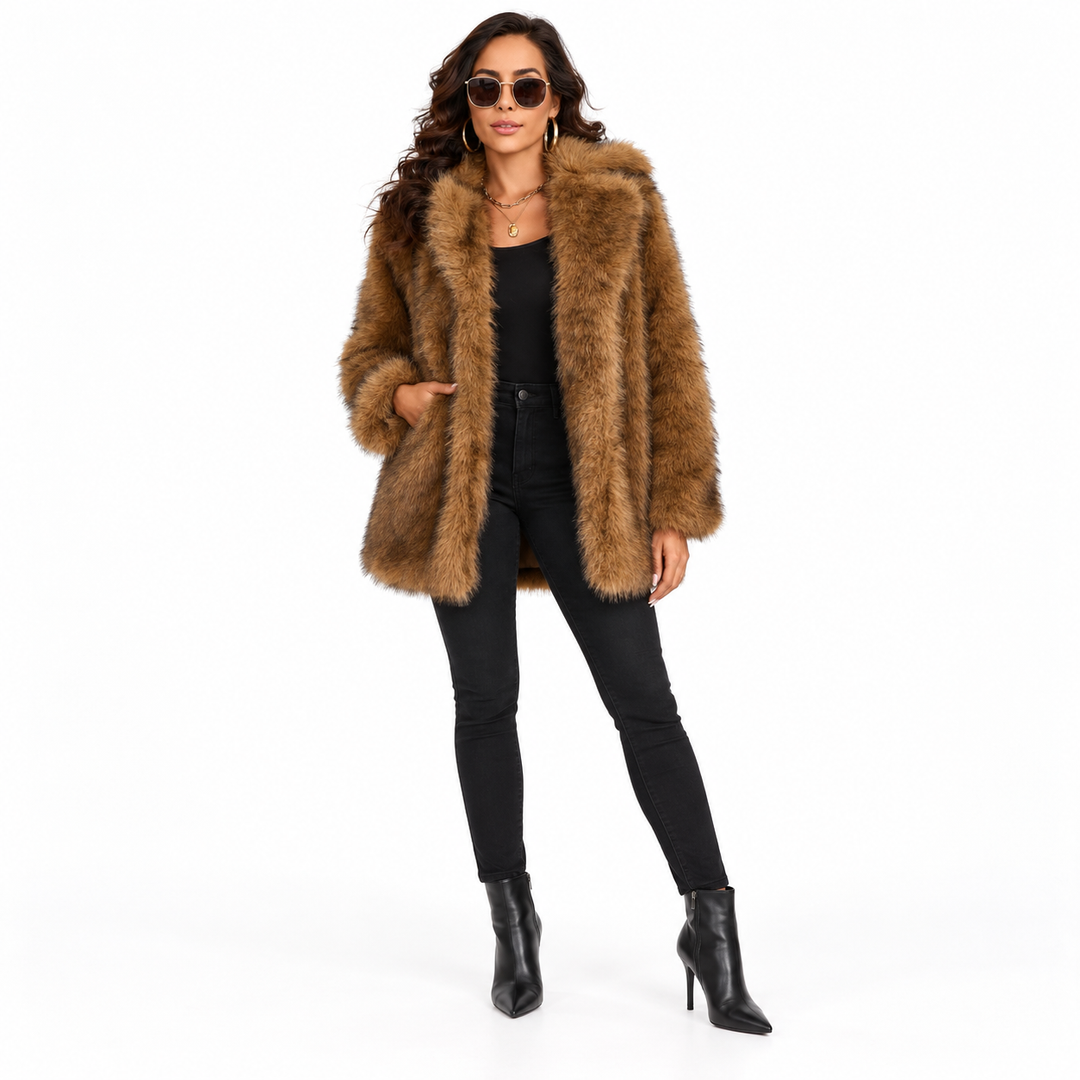 Three-quarter view of a dark brown lapel coat with a lapel collar, long sleeves and artificial fur in a white studio setting.
