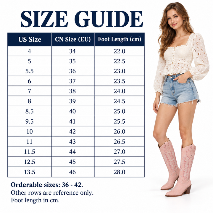 Boot size chart with US and CN sizes, foot lengths in cm and orderable sizes 36-42 beside a model wearing pink western boots.