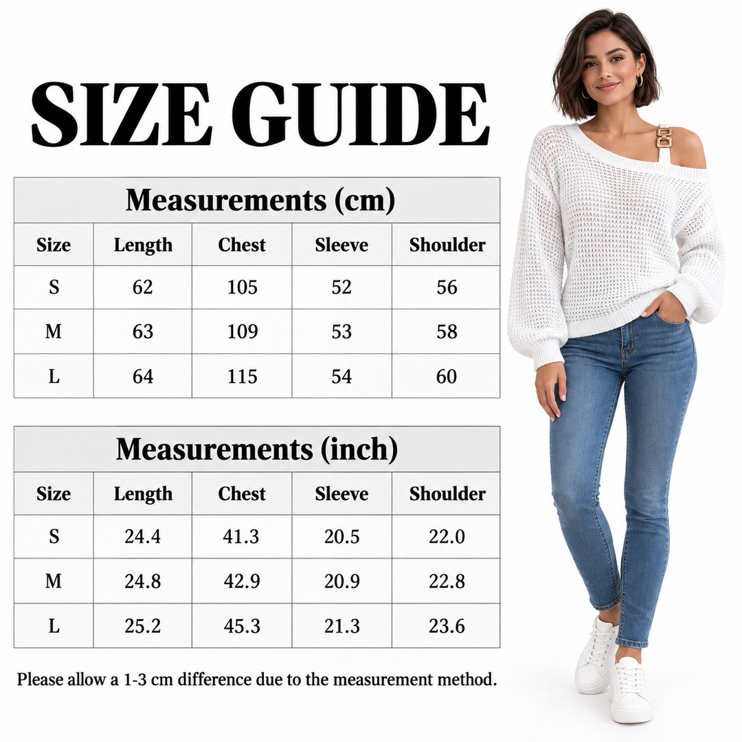 English sweater size guide for S, M, and L with cm and inch tables, a sweater model and the supplier&