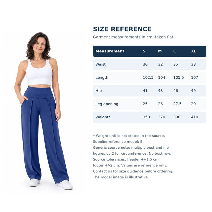 English size reference table with S, M, L and XL measurements in centimeters, alongside a female model wearing blue trousers.
