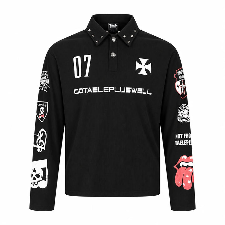 Graphic polo shirt front in black with long sleeves, a studded collar, white 07 and cross prints, and red lips sleeve design.