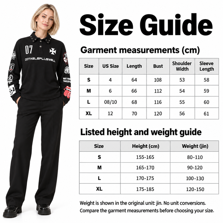 English size guide for S, M, L and XL with listed cm measurements and jin weight ranges beside this full-length female model.