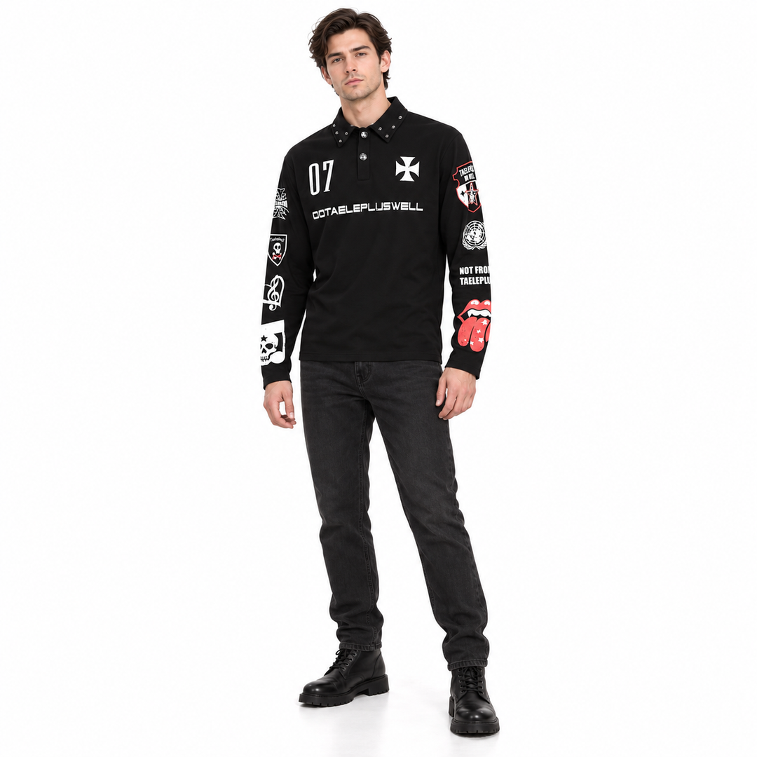 Black design on a full-length male model with dark jeans and boots, showing the white chest prints and red lips sleeve print.