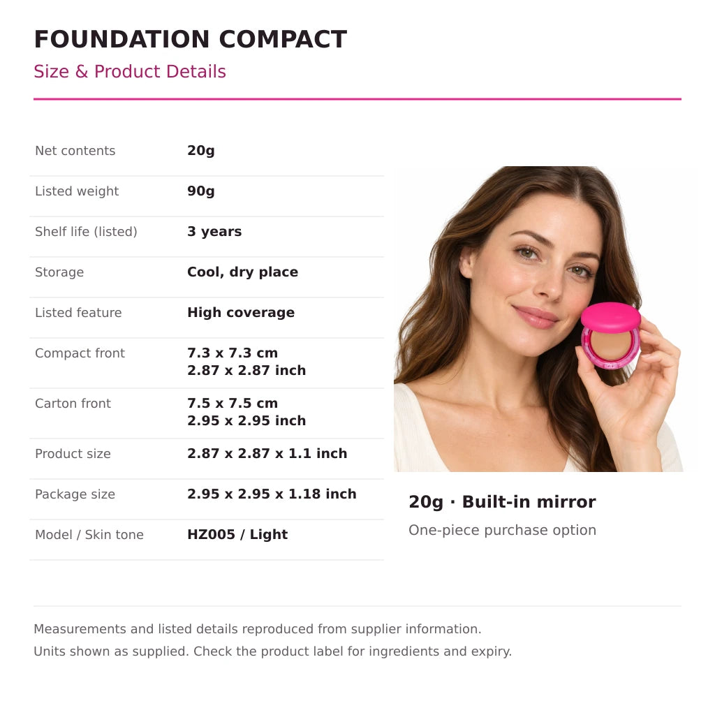 Foundation compact size and product details chart beside one adult model, with supplier measurements, units and net contents.