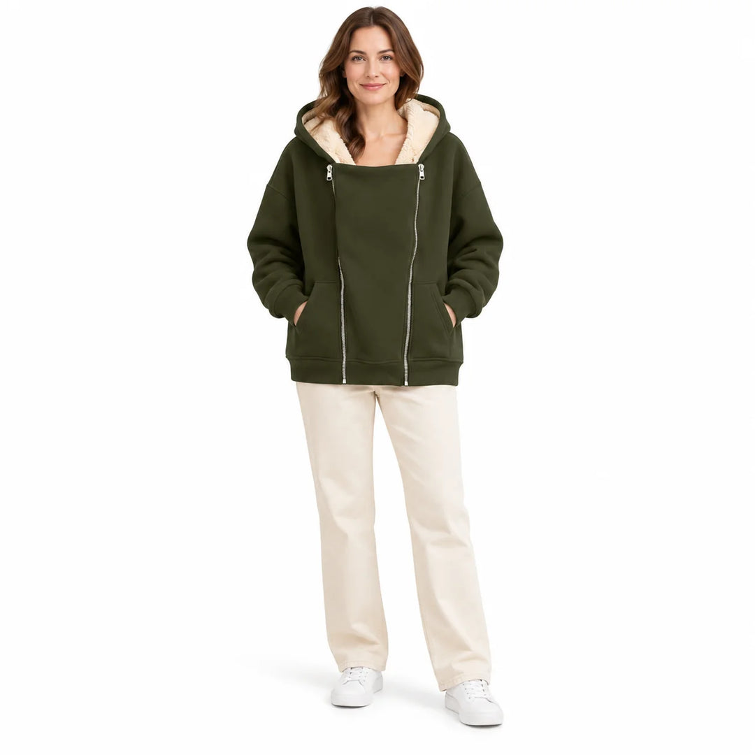 Heavyweight zip up hoodie in Army Green on an adult model, showing the wide front panel, twin zip pulls and pockets on white.