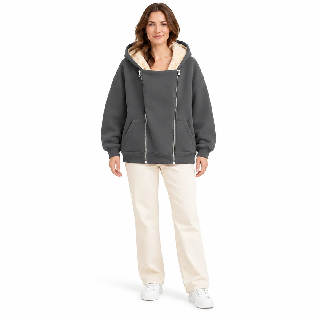 Charcoal Gray hooded sweatshirt on a full-body adult model, showing a big front panel, two silver zippers and angled pockets.