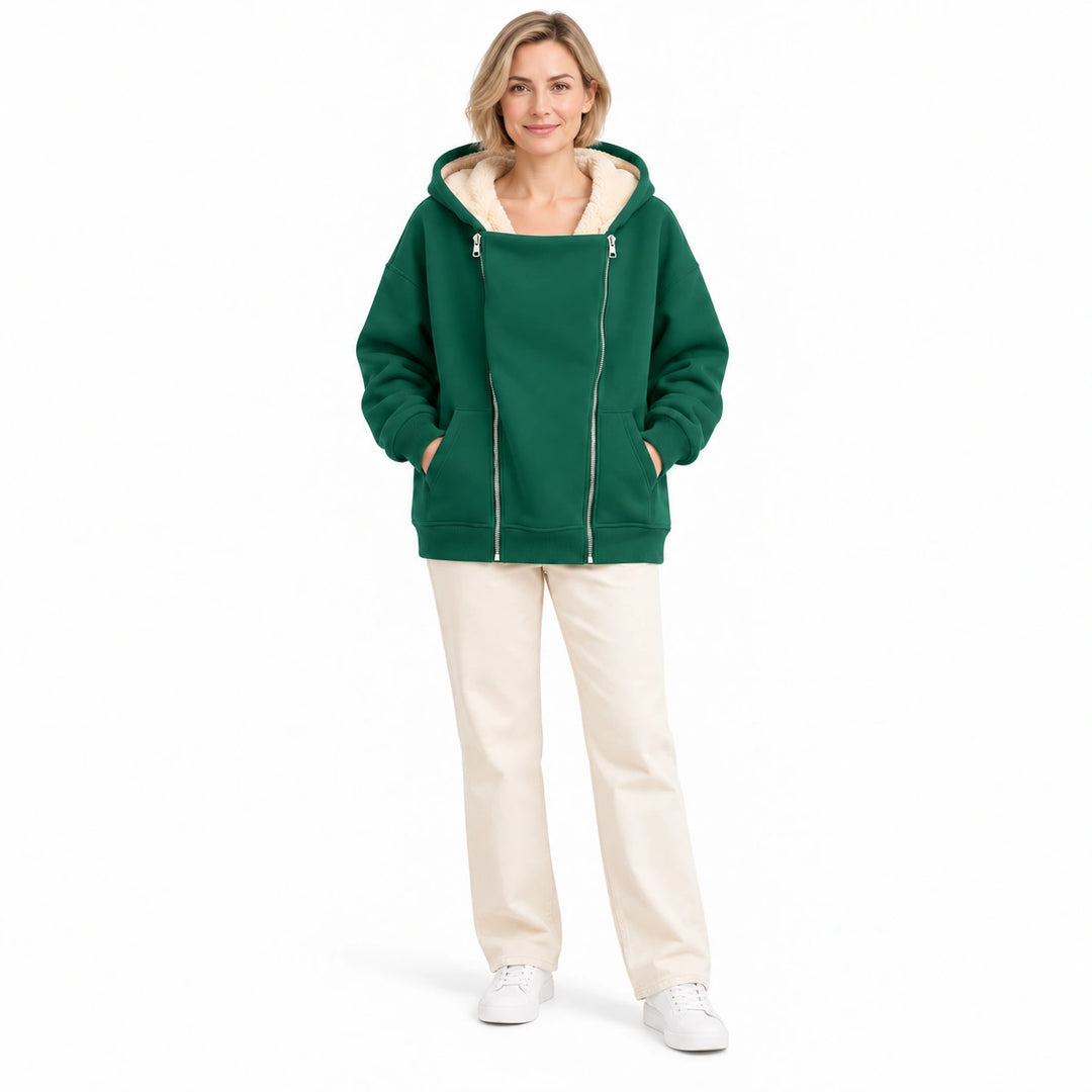 Emerald Green hooded sweatshirt on a second adult woman with a blonde bob, showing silver front zippers and pockets on white.