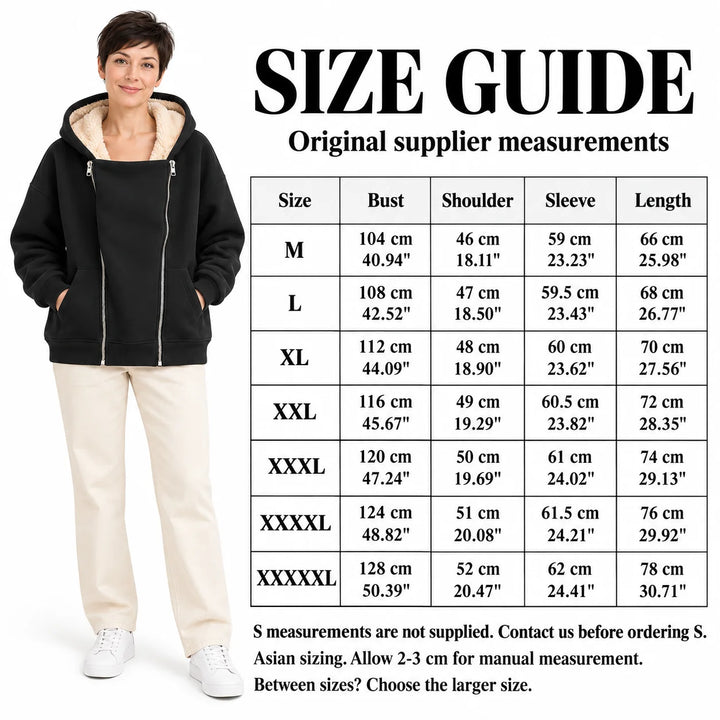 Size guide with a different adult model in Black, listing original bust, shoulder, sleeve and length values in cm and inches.