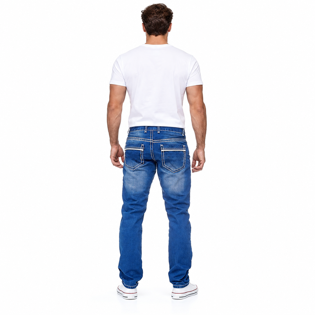 Back view of Light Blue denim jeans showing contrast piping on the rear pockets