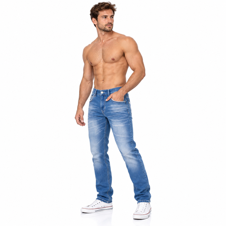 Three-quarter side view of Light Blue jeans on a full-body male model