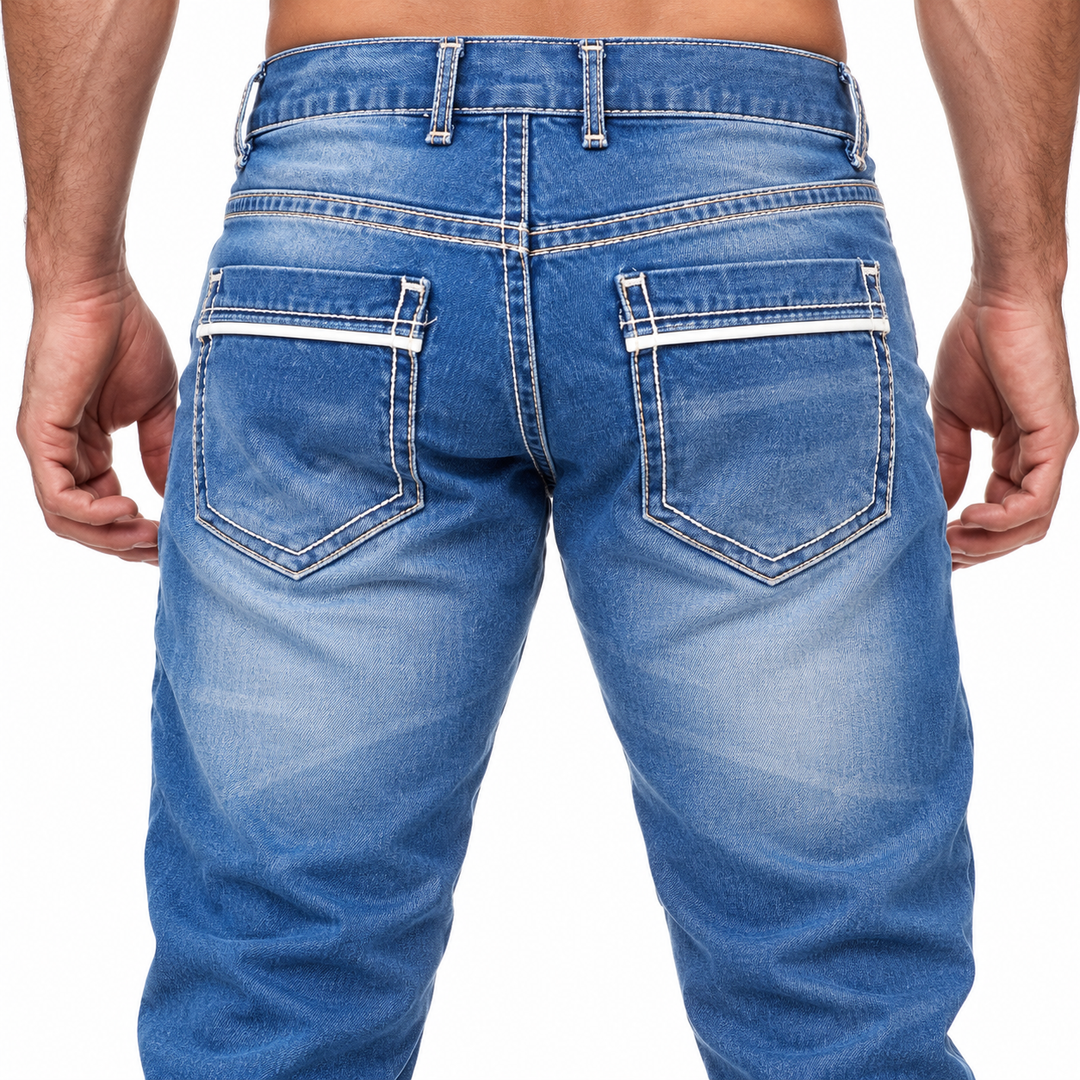 Close-up of Light Blue rear pockets and decorative white piping