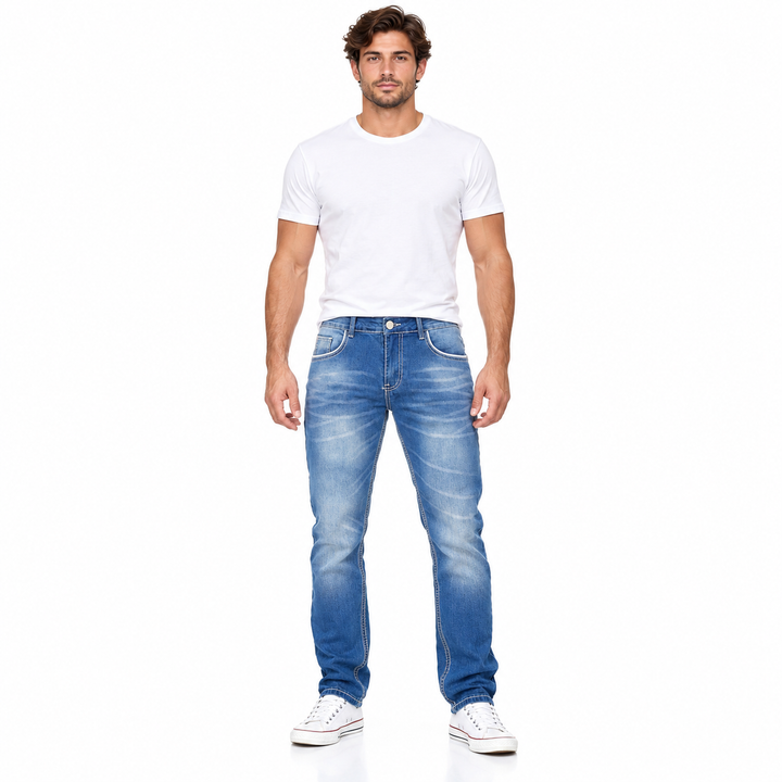 Front view of the sold Light Blue jeans variant with white T-shirt and sneakers