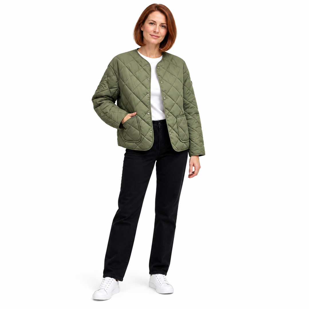 Green diamond-quilted jacket worn by a second female model against white