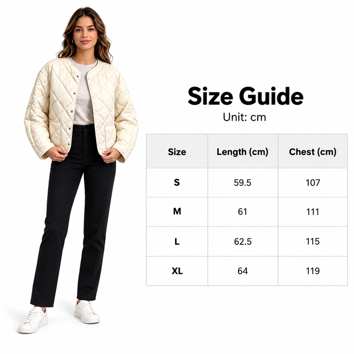 Quilted jacket size guide with S to XL chest and length measurements in centimetres