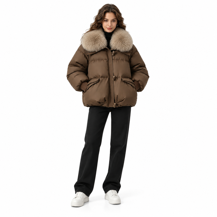 Cropped puffer jacket in Coffee with faux fur collar on a full-body female model