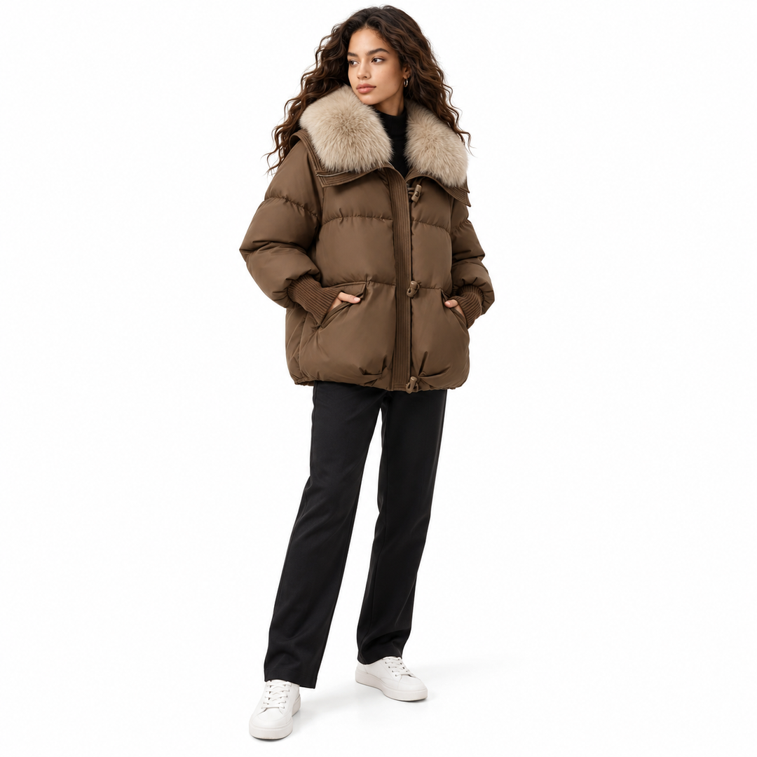 Three-quarter front view of Coffee puffer jacket showing collar, pockets and front fastening