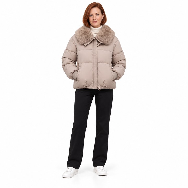 Khaki puffer jacket with faux fur collar worn by a second female model