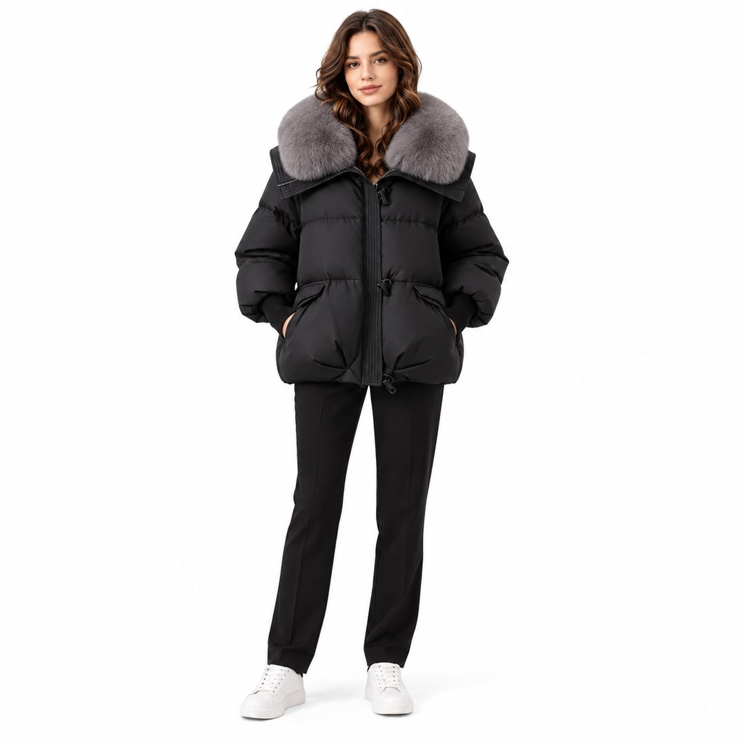 Black puffer jacket variant with grey faux fur collar in a full-body front view