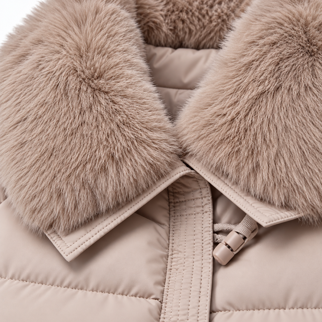 Close-up of the Khaki jacket faux fur collar and adjacent padded fabric