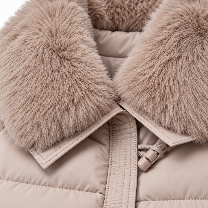 Close-up of the Khaki jacket faux fur collar and adjacent padded fabric