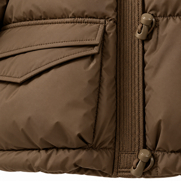 Close-up of the Coffee jacket front fastening, pocket and lower padded hem