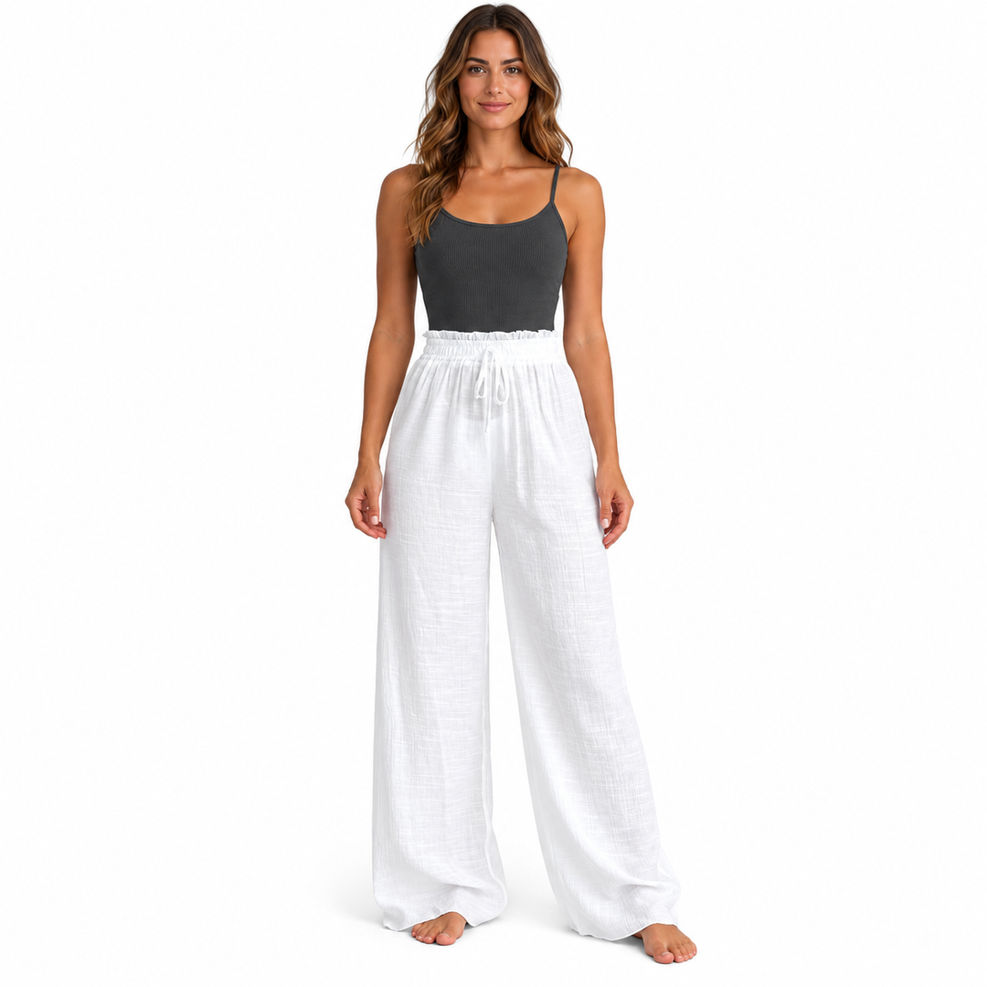 Front view of white wide leg pants with a charcoal tank top on a full-body model