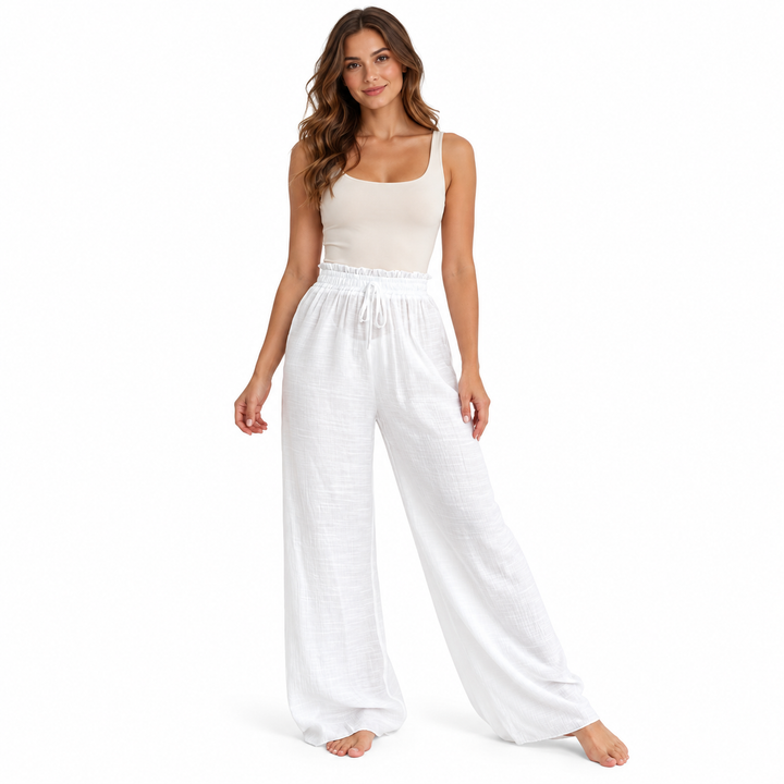 White trousers variant in a full-body front view with a plain cream top