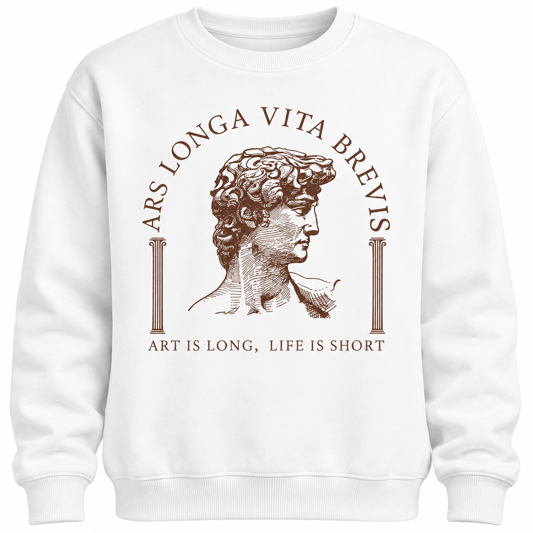 Close view of the white sweatshirt with brown classical sculpture head paired columns, Latin lettering and round ribbed neck.