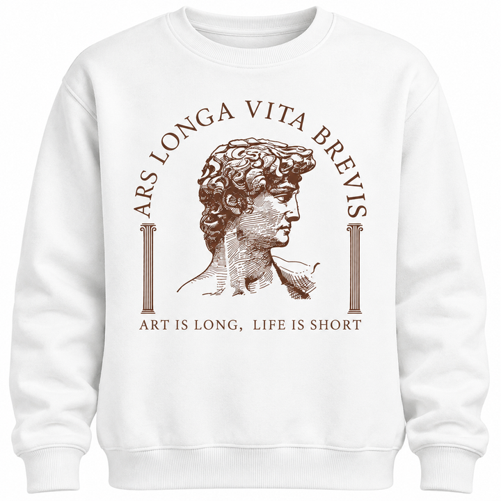 Close view of the white sweatshirt with brown classical sculpture head paired columns, Latin lettering and round ribbed neck.