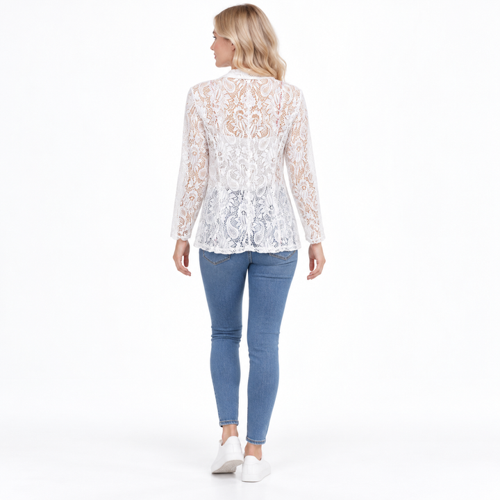 White floral cardigan worn by a model, viewed from behind on a white background. This floral lace is shown for a closer look.