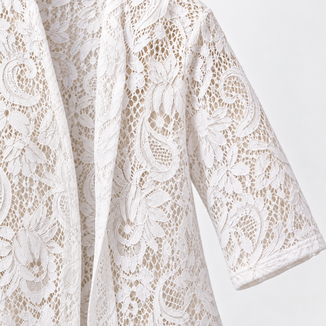Close view of the white cardigan front edge and three-quarter sleeve. The floral lace is visible across the pictured garment.