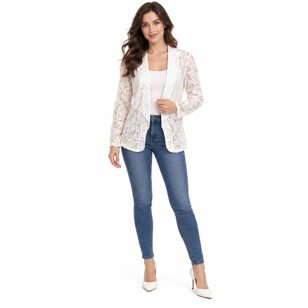 White cardigan on a brunette model, shown full length on a white background. The floral lace appears in the pictured garment.
