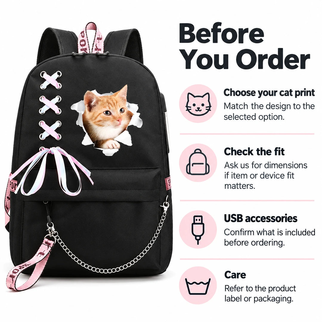Buyer guidance for this black cat print bag: choose a design, ask for dimensions and confirm USB accessories before ordering.