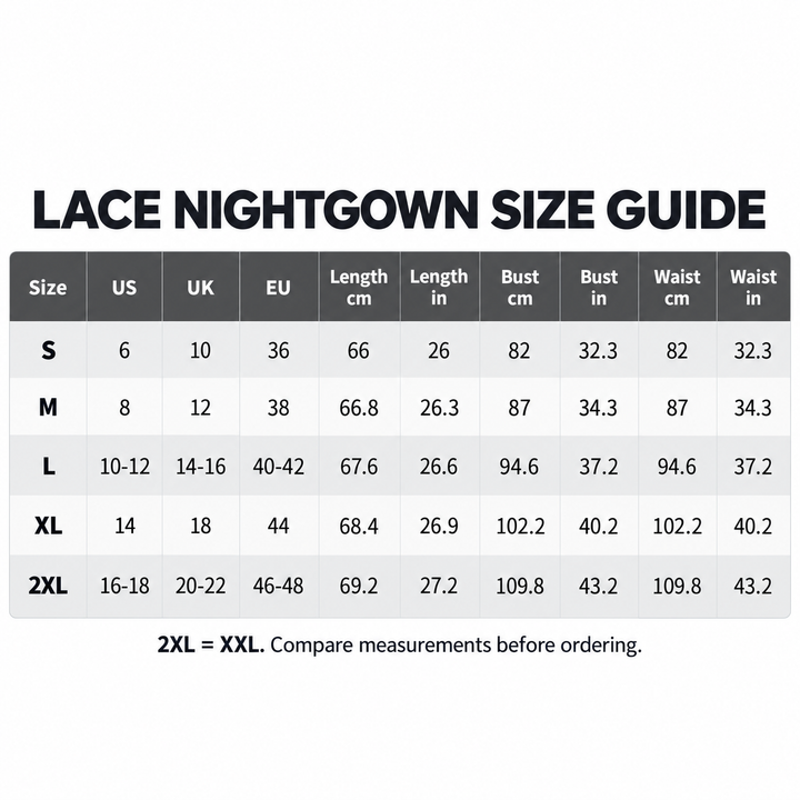 Lace nightgown size guide with US UK EU sizes and centimeter and inch measurements