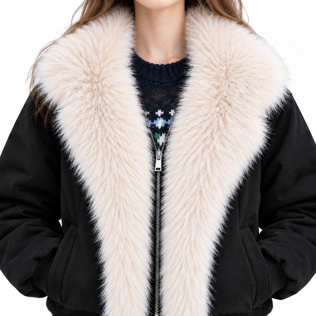 Fleece lined jacket black collar and zipper close-up