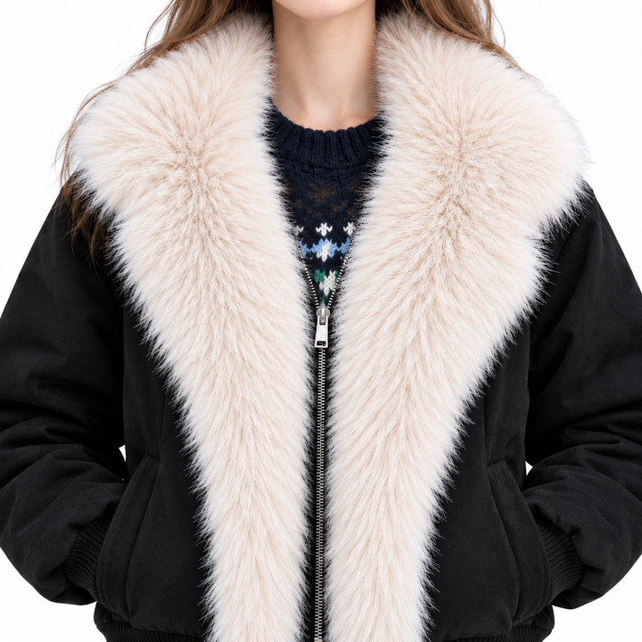 Fleece lined jacket black collar and zipper close-up