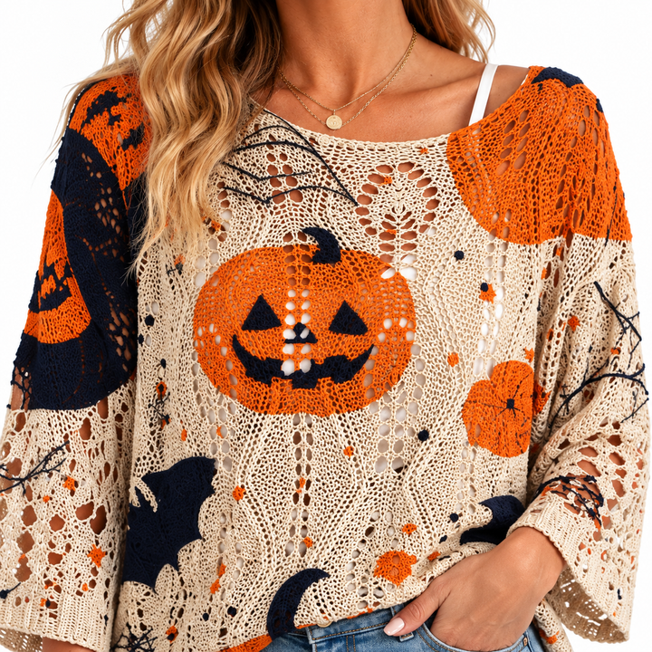 Pumpkin sweater khaki neckline and openwork knit close-up