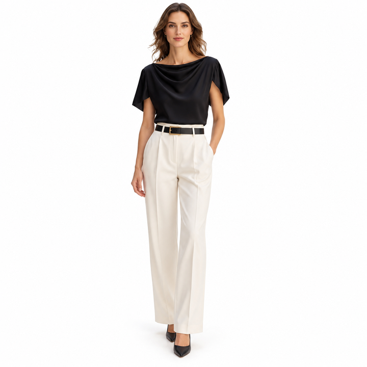 Black draped blouse on a full-length model wearing ivory trousers and black heels, with scoop neckline on a white background.