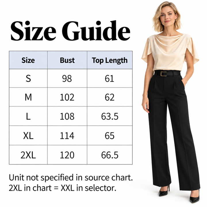 Size chart with bust and top length values for S to 2XL, an apricot blouse model, and a note that measurements have no units.