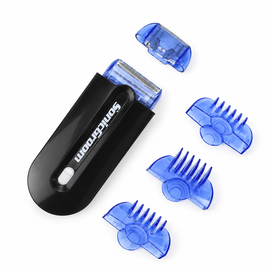 Black SonicGroom device with transparent blue heads and comb attachments